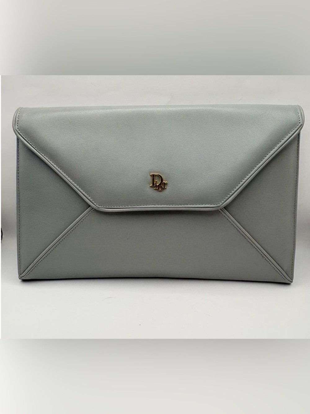 Vintage Christian Dior Gray Leather Envelope Clutch Gold CD Logo Authentic